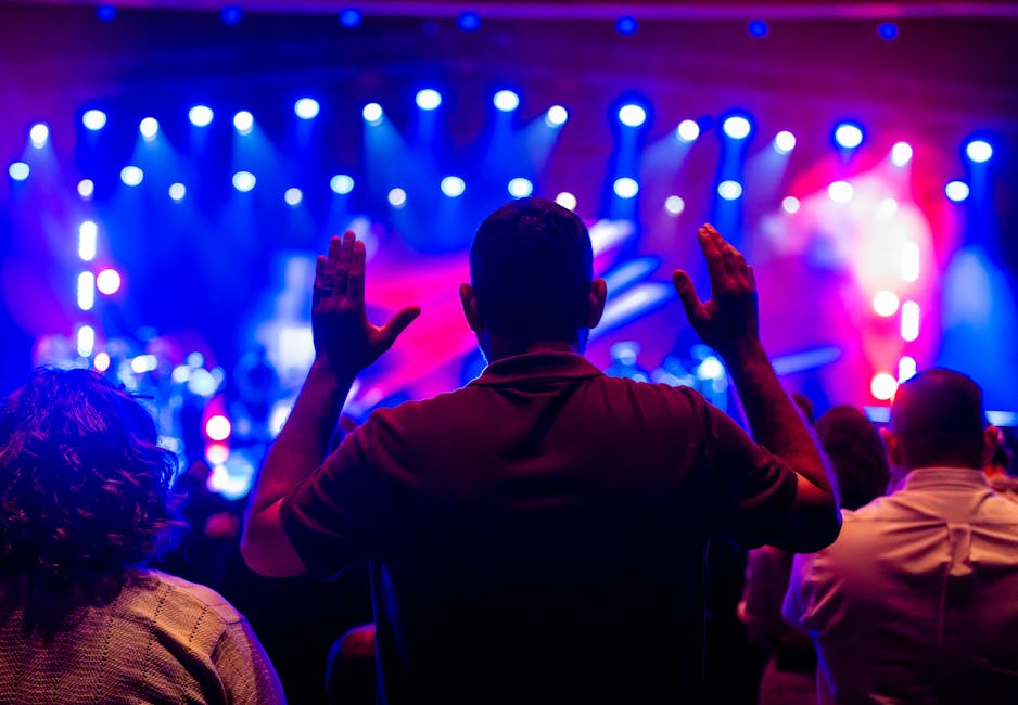 Silhouetted crowd enjoying a live concert with colorful stage lighting and energetic atmosphere.